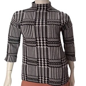 Max Studio Black White‎ Houndstooth Sweater Mock Neck Back Zip Office Siren L